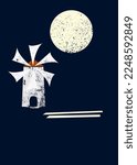 Typical Greek islands windmill in night with fool moon over the sea Vector design 