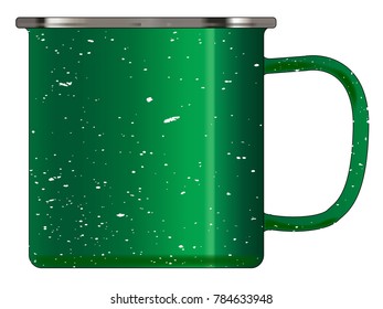 A typical green coloured tin cup with white mottle FX over a white background