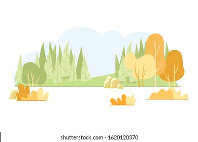 Typical Hilly Field Landscape, Cartoon Slide. Rocky Landscape Forest Belt. Natural Complex Glade with Undisturbed Structure. Fresh Trees and Bushes in Fall Season. Vector Illustration.