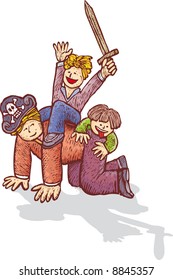 a typical home situation with two children and a tired father. Illustration in engrave style