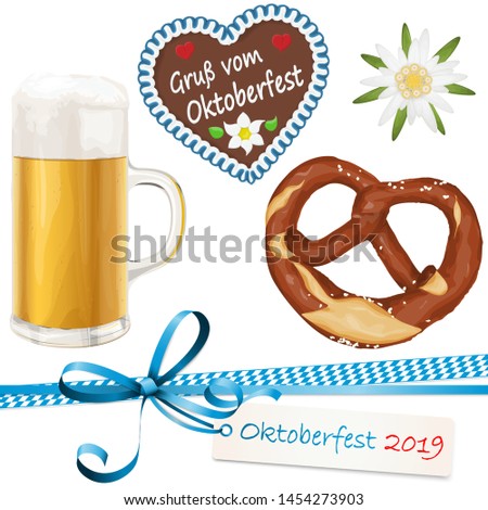 typical illustrated Oktoberfest objects, beer, bretzel, gingerbread heart with text 'greetings from Oktoberfest' (in german), Edelweiss flower and ribbon bow with hang tag for beer garden time 2019