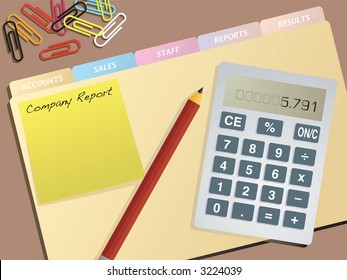 A typical illustration of an accounts desktop with files and calculator