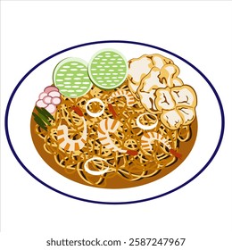 Typical Indonesian Acehnese noodles with thick sauce topped with emping, pickles, shrimp and squid seafood