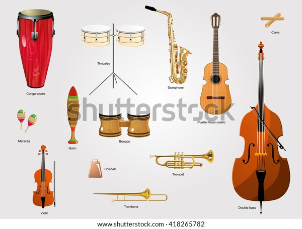 Typical instruments of salsa music.\
The salsa music instruments. The latin music\
instruments.