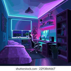 Typical interior design of a very cozy bedroom of a teenage gamer with a computer and night neon lighting. Vector illustration