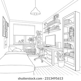 Decoración interior típica de un dormitorio muy acogedor de un adolescente jugador con ordenador e iluminación nocturna de neón. Ilustración del vector