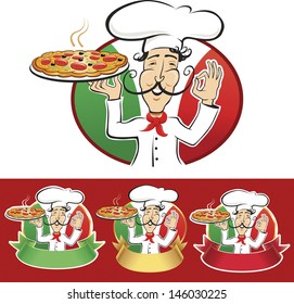 typical italian chef with a freshly baked pizza 