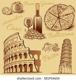 Typical Italian Food, Pizza, Pasta, Wine, Tomato, Roma Colloseum, Pisa Tower