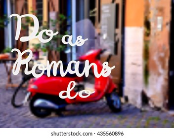 Typical italian moto in italian street. Handwritting lettering and realistic vector illustration