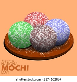 A typical Japanese cake called Mochi cake with various colors served on a wooden placemat with bold text on light brown background, National Mochi Day August 8