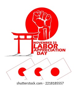 A typical Japanese gate with flags and a hand symbol in a red circle the symbol of the Japanese flag to commemorate Labor Appreciation Day on November 23 in Japan