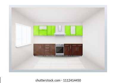 Typical kitchen layout. Plan of cabinets and stove. Sample of domestic architecture. Vector Illustration
