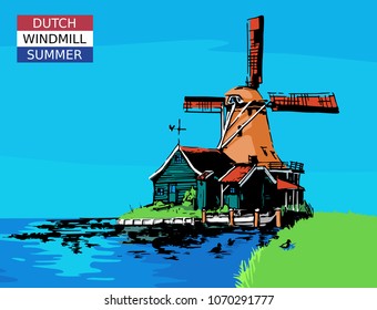 Typical landmark, windmill in Holland during summer time near water. Vector illustration.
