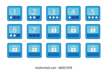 typical level screen of mobile game with locked levels and different amount of stars received