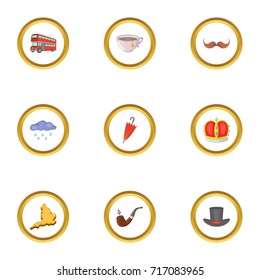 Typical London icons set. Cartoon style set of 9 typical London vector icons for web design