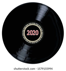 A typical LP vinyl record with the legend 2020 and a circle of piano keys all over a white background.