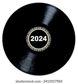 A typical LP vinyl record with the legend 2024 and a circle of piano keys all over a white background.