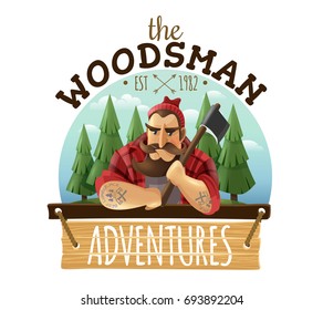 Typical lumberjack woodsman holding ax with strong muscled tattooed hands adventures sign board icon label vector illustration