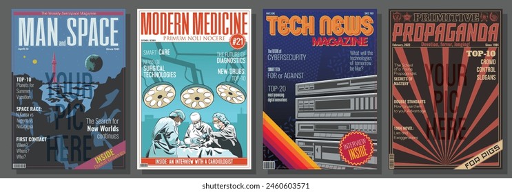 Typische Magazine Fake Cover Set. Farbige Magazine erste Seite Hintergründe. Kosmische wissenschaftliche, medizinische, technologische, politische Propagandaeditionen