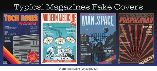 Típico juego de portadas falsas de revistas. Fondos de primera página de revistas en color. Ediciones musicales, políticas, moda y belleza