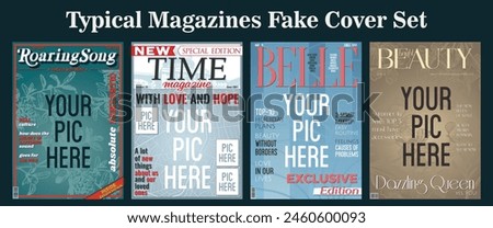 Typical Magazines Fake Cover Set. Color Magazines First Page Backgrounds. Musical, Political, Fashion, Beauty Editions