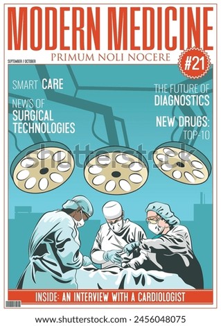 Typical Medicine Magazine's Cover Vector Template. Surgery, Surgeon, Headlines, Titles Frame for Medical Posters, Illustrations, Banners