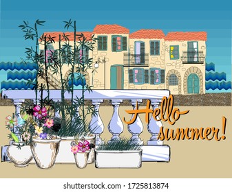 A typical Mediterranean beach town. Vector illustration For Wallpaper, Banner, Background, Card, Book, Mural, Illustration, landing page, cover, placard, poster, banner, flyer