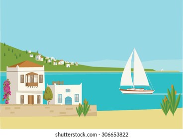 A typical Mediterranean beach town view with Mediterranean houses, sea, bay and a sail boat. 