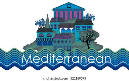 A typical Mediterranean beach town view with houses, sea, bay 