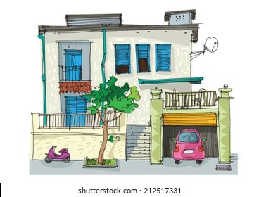 typical mediterranean facades - cartoon - handmade style