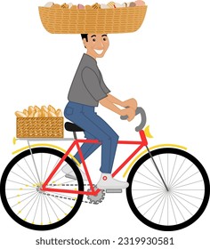 Typical mexican bread seller riding a bycicle and carring baskets full of bread.