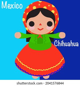 Typical Mexican Doll With Tarahumara Dress, From Chihuahua. Raramuri Indigenous Dress