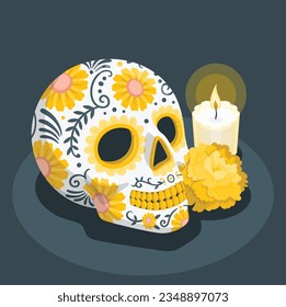 Typical Mexican skull painted isolated on white background. Dia de los muertos. Sugar Skulls. Day of the Dead Skull, isolated on white background. Dia de los Muertos. Mexican sugar skull. Design. 2299