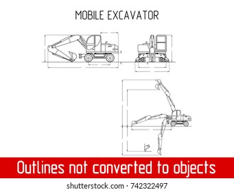 typical mobile excavator overall dimensions blueprint template illustration