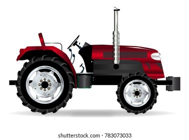 A typical modern farmyard tractor in red over a white background