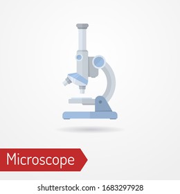 Typical modern scientific laboratory microscope. Isolated tool in flat style. Medical, chemistry, pharmaceutical or microbiology magnifying instrument. Vector stock image.