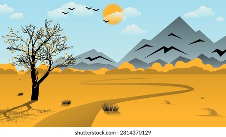 Typical mountain desert landscape. A lone tree by a rugged road amid sand, against a backdrop of mountains, a sky with sun, clouds, and flying birds. Author's work. Vector.