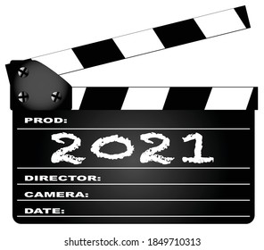 A typical movie clapperboard with the legend 2021 isolated on white.