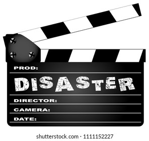 A typical movie clapperboard with the legend DISASTER isolated on white.