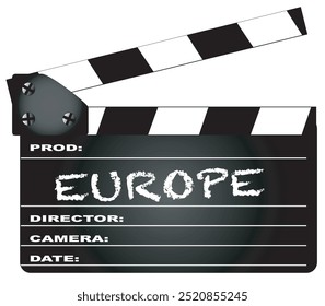 A typical movie clapperboard with the legend Europe isolated on white.