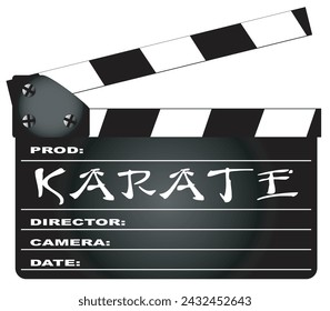 A typical movie clapperboard with the legend Karate isolated on white.