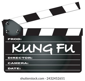 A typical movie clapperboard with the legend Kung Fu isolated on white.