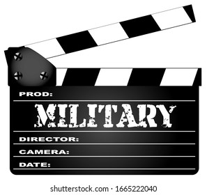 A typical movie clapperboard with the legend Millitary isolated on white.