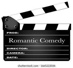 A Typical Movie Clapperboard With The Legend Romantic Comedy Isolated On White.