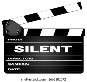 A typical movie clapperboard with the legend Silent isolated on white.