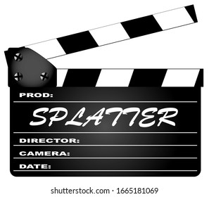 A typical movie clapperboard with the legend Splatter isolated on white.