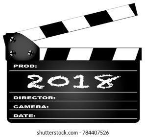 A typical movie clapperboard with the legend2018 isolated on white.