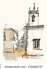 Typical narrow street in a village of  Alentejo Region, Portugal - vector illustration (Ideal for printing on fabric or paper, poster or wallpaper, house decoration) 
