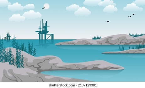 Typical Norwegian seascape. Rocky shores with coniferous trees, sea, drilling platforms, sky with sun. clouds, silhouettes of flying birds. Vector. 