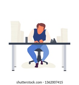 Typical office manager with lots of documents on the table, modern character in trendy flat style isolated on white